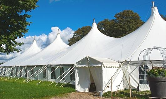 a line of sleek and modern portable restrooms ready for use at an upscale corporate event in Chantilly, VA